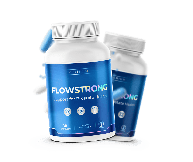 FlowStrong bottle with a second bottle behind it and capsules beside it