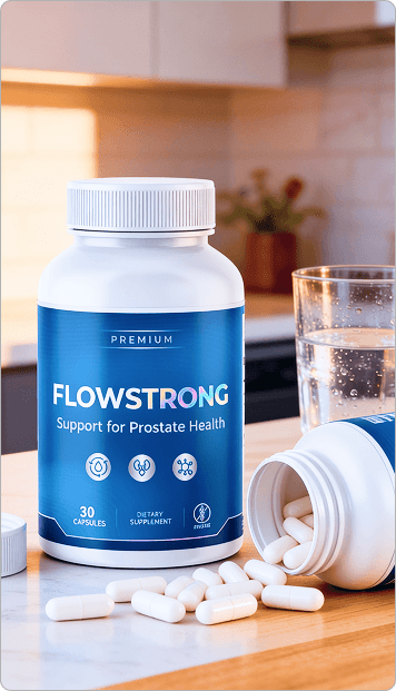 FlowStrong prostate health supplement bottle on a kitchen counter next to a glass of water